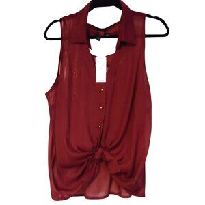 2B Bebe Sheer Disco Maroon Button Down Sleeveless Collar Shirt XL Cutout